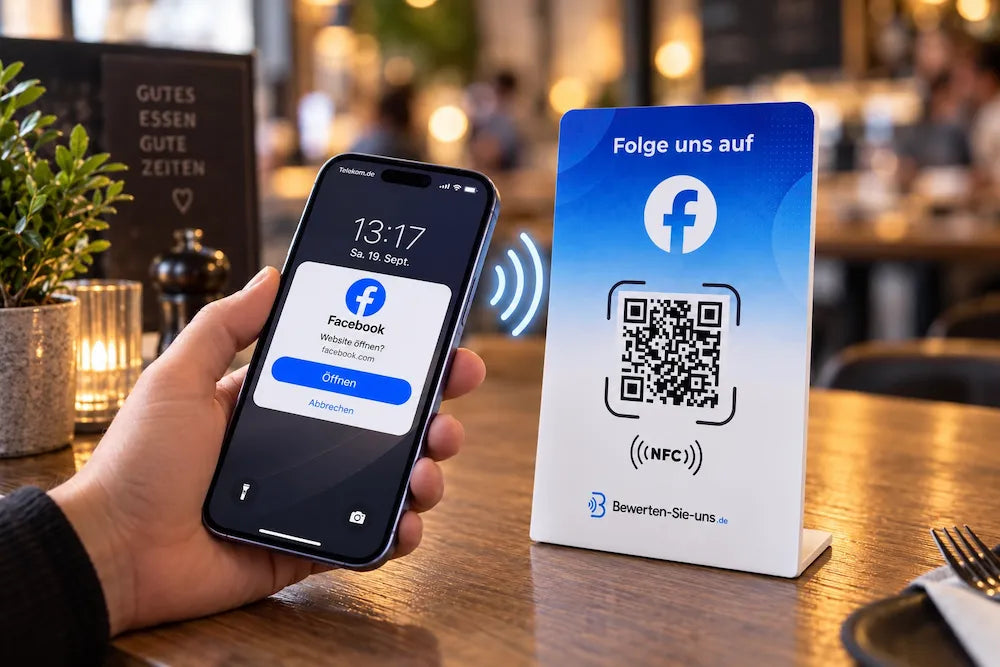 Smartphone wird an einen NFC-Aufsteller gehalten und öffnet die Facebook-Seite