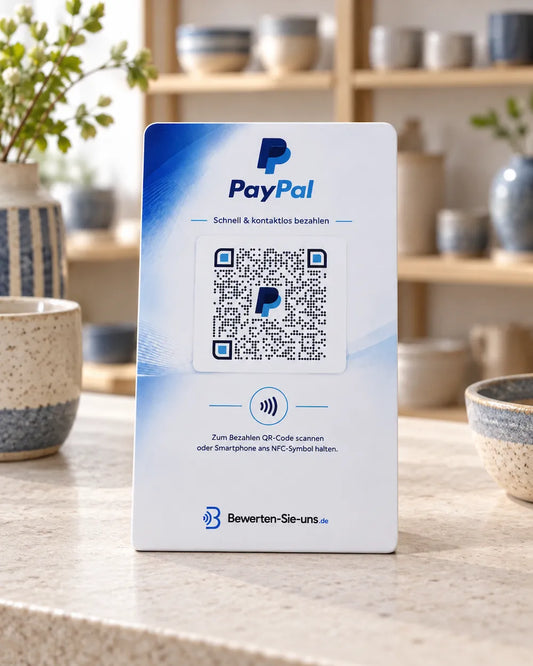 Blau-weißer PayPal-Aufsteller mit QR-Code und NFC-Symbol auf einem hellen Tresen, im Hintergrund Keramikschalen und Tassen.