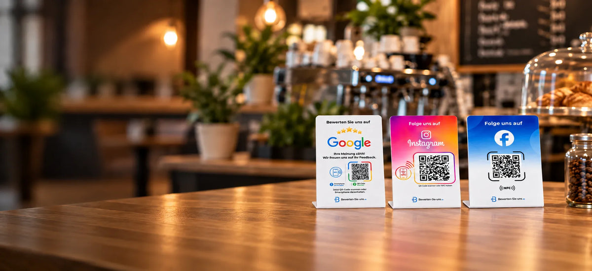 Drei individuell bedruckte NFC-Aufsteller für Google, Instagram und Facebook auf einem Café-Tresen